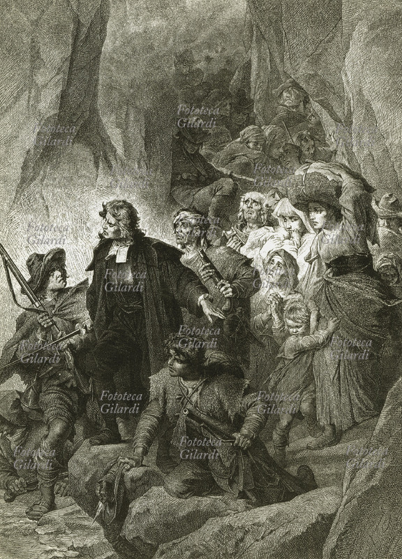 VALDESI Il religioso francese Henry Arnaud (15 luglio 1643 – 8 settembre 1721) guida i valdesi durante il glorioso rimpatrio nel 1689. Stampa del XIX secolo.