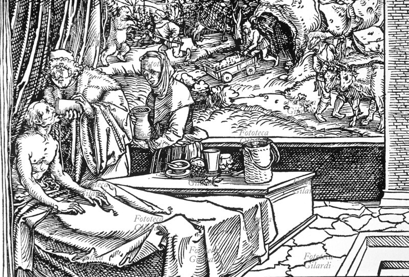MEDICINA Medico con assistente, somministra un cordiale al paziente. Xilografia di Hans Weiditz dal \
