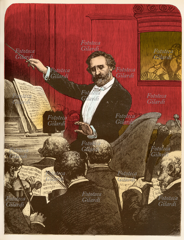 Giuseppe VERDI (1813-1901) conducts the orchestra during the first performance of the opera "Aida", in the Théâtre de l\