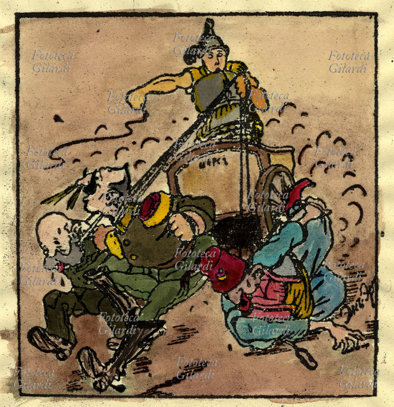 IMPERI CENTRALI bersaglio della satira russa: Il carro della guerra avanza lentamente; i tre cavalli, il tedesco, l\