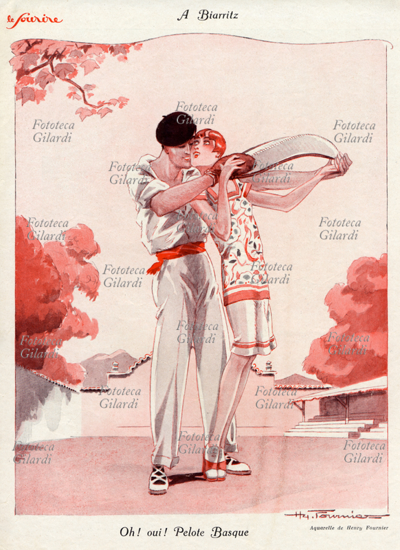 COPPIA Giovane donna, turista, subisce il fascino dello sportivo locale, giocatore di pelota basca. Biarritz, località balneare francese basca. Illustrazione di Henry Fournier, da \