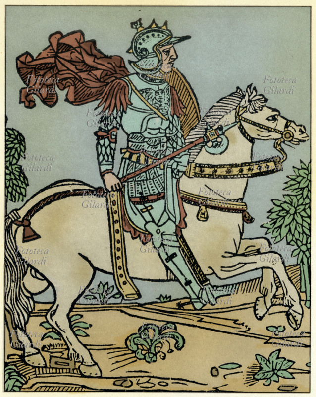 ORLANDO o Rolando (?-778) Il conte palatino Orlando, detto anche Rolando, nipote di re Carlo, di cui la storia tramandò soltanto la valorosa morte nella battaglia di Roncisvalle e che invece ispirò diverse opere letterarie: La canzone di Orlando, Morgante, Orlando innamorato ed il celebre Orlando furioso di Ludovico Ariosto (1474-1533). Illustrazione xilografica dall\