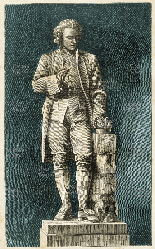 Joseph PRIESTLEY (1733 – 1804), chimico e filosofo inglese. Incisione di Baldi che rappresenta la statua di Francis Williamson (1833-1920) a lui dedicata, inaugurata a Birmingham in occasione del centenario della scoperta dell\