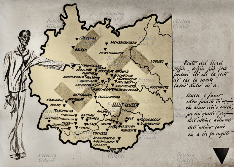 SHOAH Cartografia con i campi di concentramento e sterminio nazisti esistenti nel territorio del III Reich durante la II Guerra Mondiale. Al centro, chiaramente evidenziato quello di Mauthausen, a destra la poesia di un internato italiano, un triangolo rosso: era il contrassegno dei prigionieri politici, intellettuali antinazisti. Vento del Nord/ soffia, soffia più forte/portaci ciò che la sorte/ciò che la morte/lasciò dietro di sè//Cenere e fumo/odore funesto di ( ....?)/che arsero vivi i ( ...?)/per noi questo è profumo/dell\