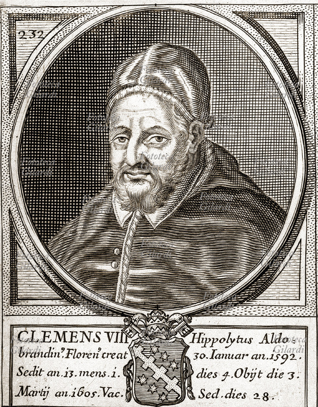 PAPA CLEMENTE VIII Ippolito Aldobrandini, nato a Fano, eletto 1592, morto 1605. Durante la sua reggenza Enrico IV di Navarra abiura il calvinismo in Parigi. Ritratto in ovale con il suo stemma, incisione XVII secolo
