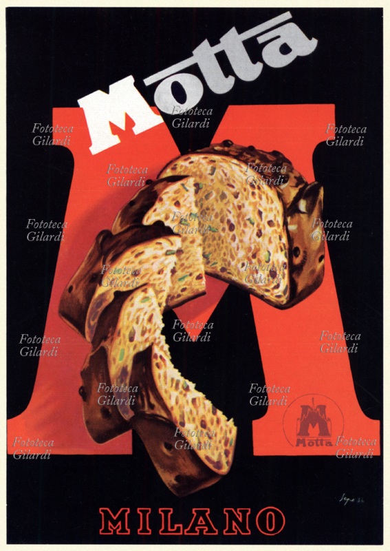 PUBBLICITÀ di Sepo (Severo Pozzati, 16 marzo 1895 – 30 settembre 1983) per il panettone Motta; il prodotto affettato spicca su una grande \