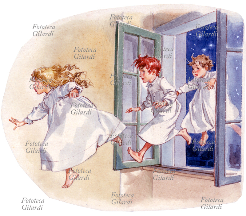 James Mattew BARRIE (1860-1937) Wendy e i fratelli rientrano dalla finestra - illustrazione di Libico Maraja (1912-1983) pittore, disegnatore e illustratore, per i racconti \