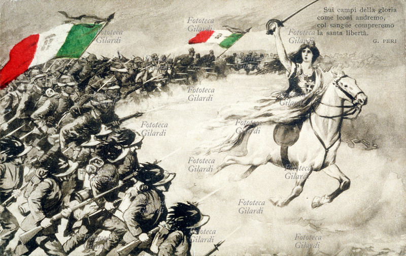 THE G.M. ITALY 1915-1918 Postcard of propaganda. Turrita Italy to horse spurs the Italian army in battle. Up to right a phrase of G is brought back. Pear trees: “On the fields of the Gloria as lions we will go,/with the blood we will buy the Saint freedom.”