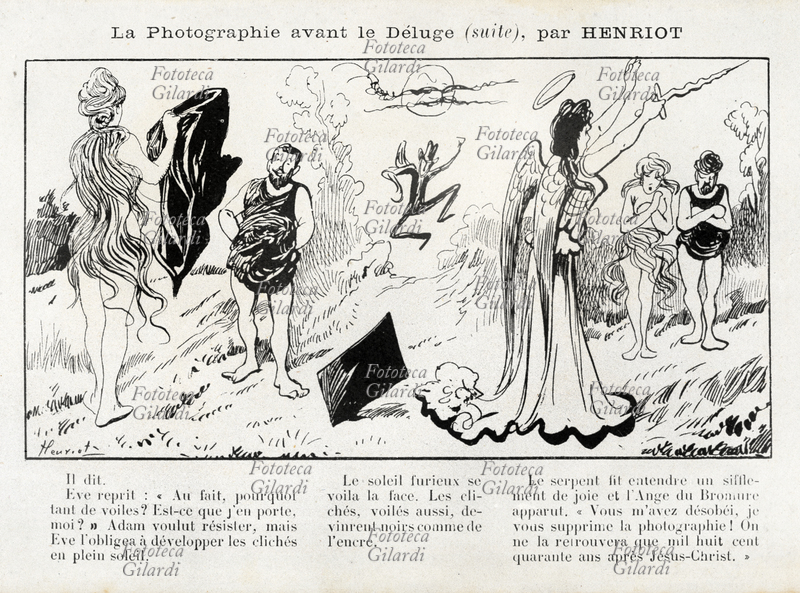 STORIA DELLA FOTOGRAFIA "La Photographie avant le Déluge" (3); storia caricaturale illustrata dallo scrittore, disegnatore e caricaturista francese Henriot (Henri Maigrot, 13 gennaio 1857 - 10 agosto 1933), e incisa da Philippe Fernique. "Egli disse. Eva rispose: \