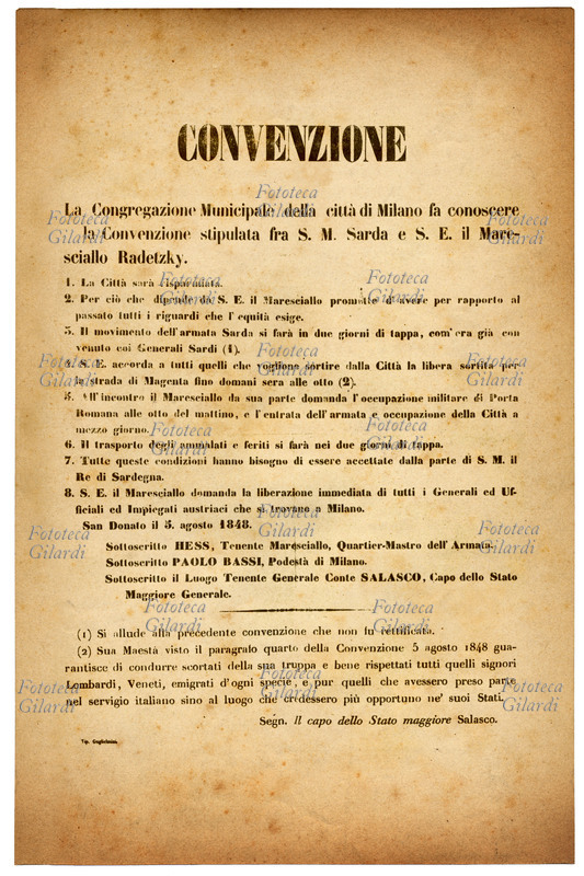 QUARANTOTTO Avviso a stampa, con il testo della Convenzione conclusa, la sera del 5 agosto 1848, al Quartier Generale austriaco, per la resa di Milano agli austriaci. Fac-simile, XIX secolo
