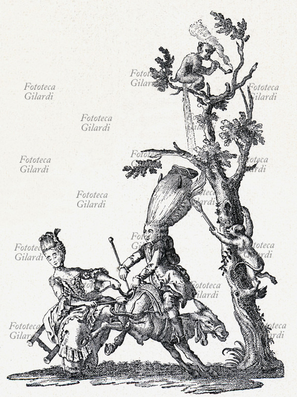 FLATULENZA diavoletto, sul ramo più alto di un albero, fuma la pipa ed emette un potente peto che arriva sulla ridicola e sproporzionata parrucca di un passante sottostante, che sembra coprirne delle lunghe corna e viene incendiata, complice i \