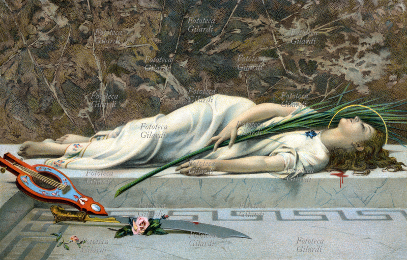 SANTA CECILIA Roman martyr, beheaded died; considered patron saint of musicians and music. Chromolithograph from painting by Etienne Gautier, 1900.