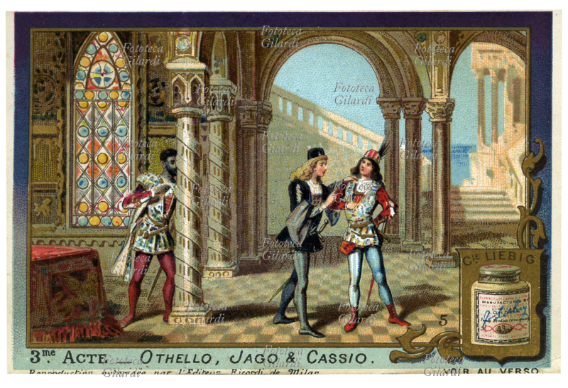 OTHELLO "Othello, Jago and Cassio" act 3 of the opera by Giuseppe Verdi (1813-1901) based on the tragedy by William Shakespeare (1564-1616) on a libretto by Arrigo Boito (1842 - 1918), first performance 5 February 1887. Chromolithography, Liebig figurine from the "Otello" series, n. 5. France, late 19th century