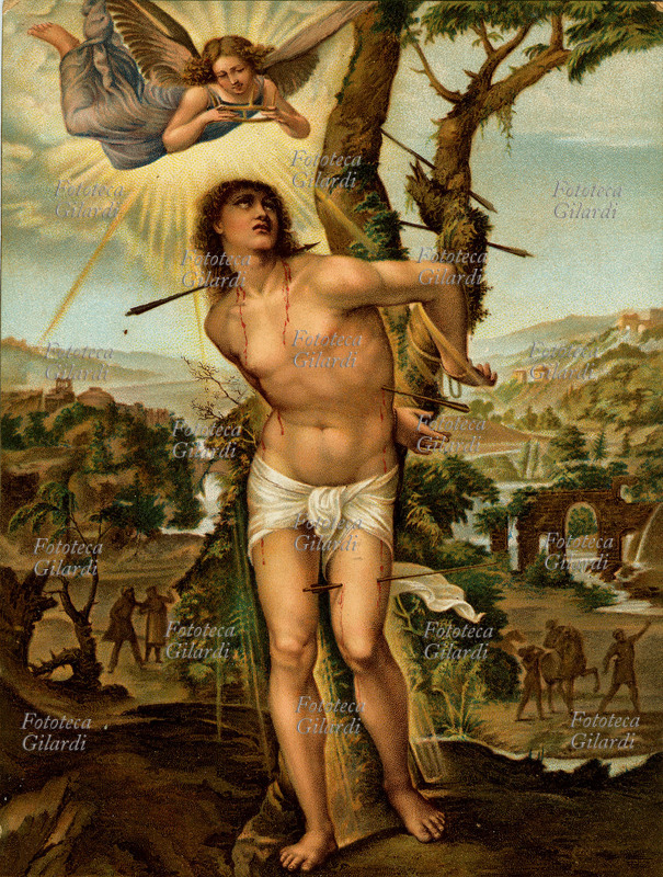 IL SODOMA (Giovan Antonio Bazzi, 1477 – 15 febbraio 1549) San Sebastiano (256 – 20 gennaio 288) trafitto dalle frecce, con angelo in Gloria. Cromolitografia dal dipinto del 1525 circa. Edizioni Stengel & Co., Dresda 1900 circa.