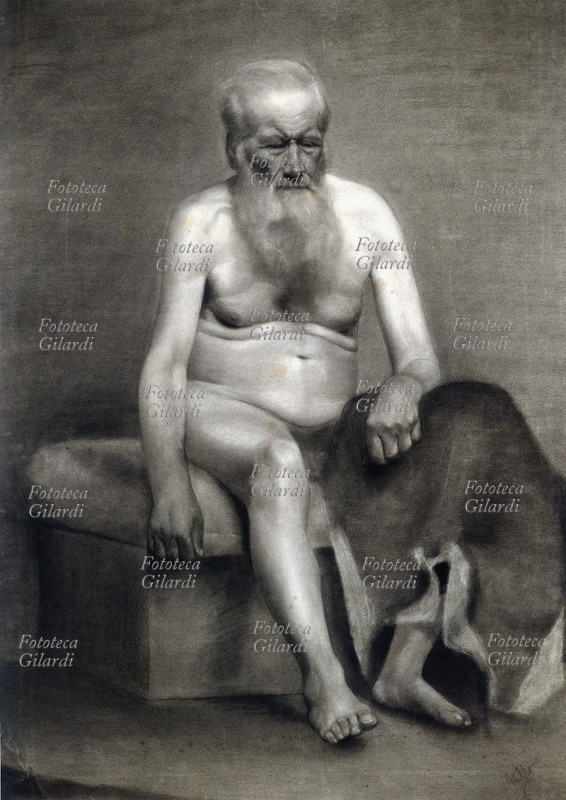 NUDO MASCHILE studio accademico di anziano uomo in posa, seduto sopra uno sgabello. Matita grassa su cartoncino camoscio, disegno eseguito da un allievo dell\