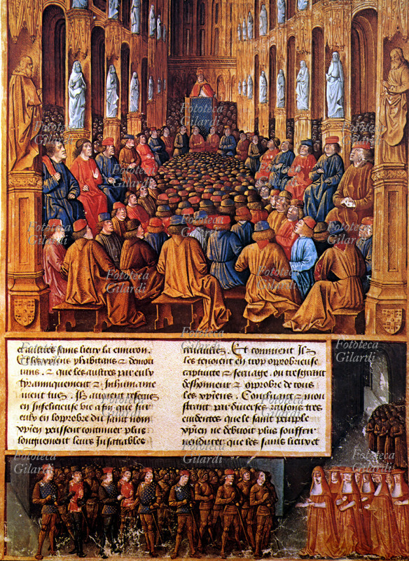 COUNCIL of Clermont. Pope Urban II (c. 1040 – 29 July 1099) at the Council of 1095 explains to the ecclesiastical hierarchy his two aims: peace in Europe and war in the Holy Land; in this same council he excommunicates Philip I of France. Miniature from the 15th century.