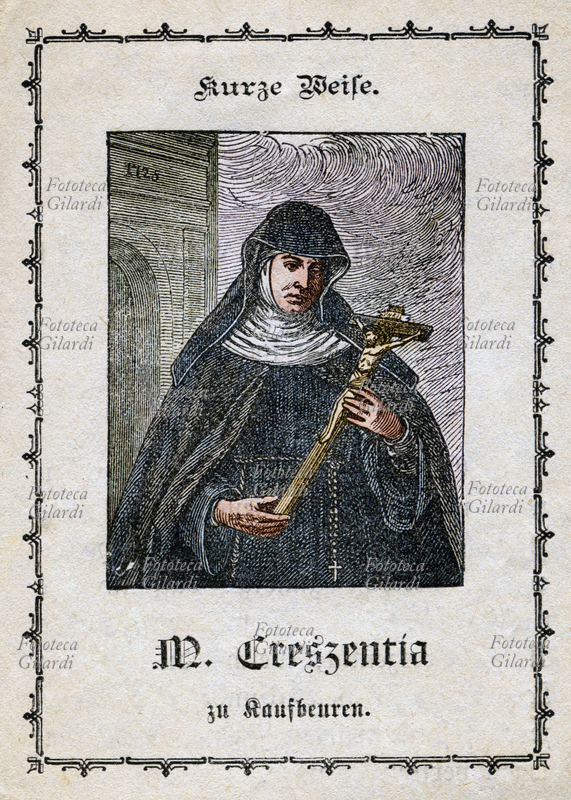 MARIA CRESCENTIA Höss di Kaufbeuren (20 ottobre 1682 - 5 aprile 1744), religiosa tedesca, suora francescana, priora del convento di Kaufbeuren. Apprezzata per le sue doti economico organizzative e stimata consigliera, alla lucida capacità di giudizio della quale ricorrevano i concittadini per dispute ordinarie, ma anche principi e regnanti con i quali aveva intrecciato un nutrito scambio epistolare. Canonizzata da Giovanni Paolo II il 25 novembre 2001, ricorrenza il 5 aprile, giorno della sua morte (Dies Natalis, nascita al cielo). Immaginetta xilografica, Germania, XIX secolo