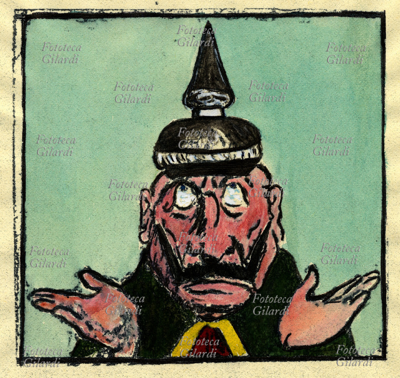 GUGLIELMO II processato in una satira britannica: Il Mondo Civile (giudice): -Cosa dite a vostra difesa?- il Kaiser (imputato) -La mia coscienza è pulita...- il Mondo Civile: -Ma la vostra opera è rossa di sangue, il Belgio, Reims, il Lusitania...- (Da \