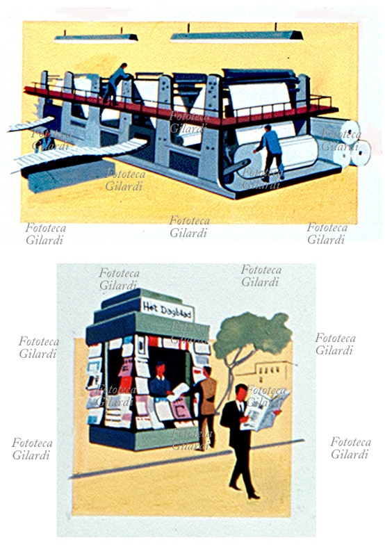 STAMPA macchina rotativa e edicola. Dettagli da schema grafico del procedimento di realizzazione e distribuzione del giornale. Tavola illustrata realizzata per la voce \