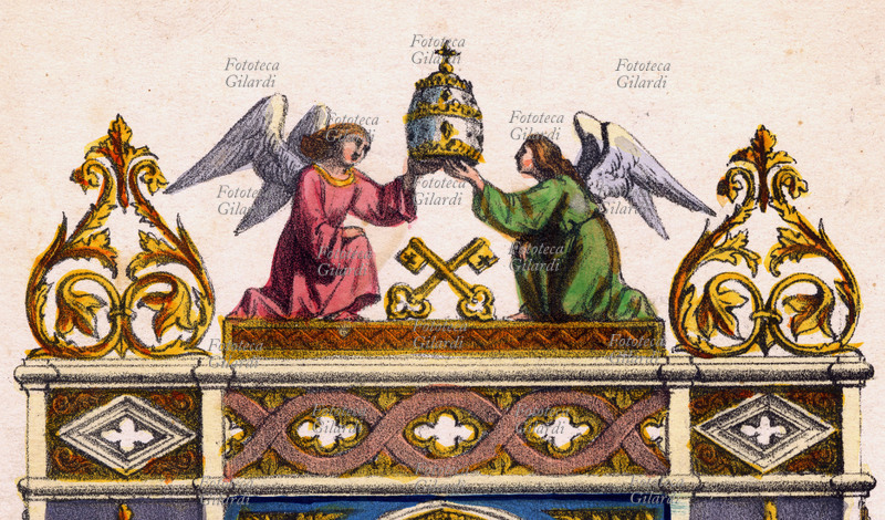 PAPA Angeli portano la Tiara papale. Dettaglio da frontespizio decorato del trattato storico \
