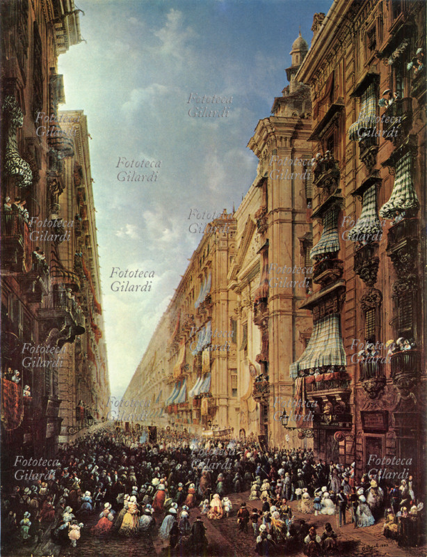 TORINO XIX secolo. Processione del Corpus Domini in via Dora Grossa a Torino. Stampa da dipinto di Carlo Bossoli (6 dicembre 1815 – 1º agosto 1884), Italia 1847