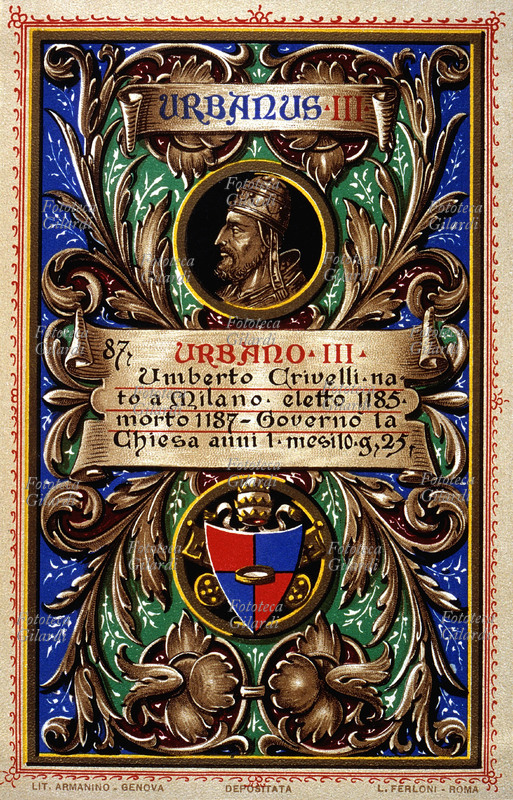 PAPA URBANO III (1120 circa – 20 ottobre 1187), al secolo Umberto Crivelli, nato a Milano, eletto nel 1185. Governò la Chiesa per 1 anno, 10 mesi e 25 giorni. Cartolina cromolitografica n. 87 dalla \