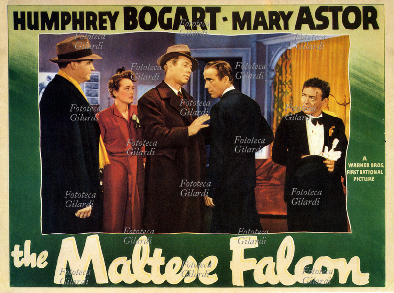 CINEMA Manifesto per il film "The Maltese Falcon" (Il mistero del falco) con Humphrey Bogart e Mary Astor. Il film è tratto dal romanzo omonimo di Dashiell Hammett, in cui si presenta il personaggio dell\