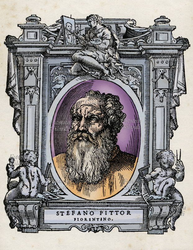 STEFANO FIORENTINO (1301 - 1350) pittore italiano, allievo di Giotto, ricordato in numerose fonti letterarie, ma del quale non si è conservata alcuna opera certa. Il ritratto è racchiuso in una cornice decorata con putti che reggono gli strumenti dell\