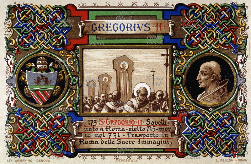 PAPA SAN GREGORIO II Savelli (669-731), nato a Roma, eletto nel 715. Trasporto in Roma delle Sacre Immagini. Durante il pontificato ebbe ampie divergenze con l\