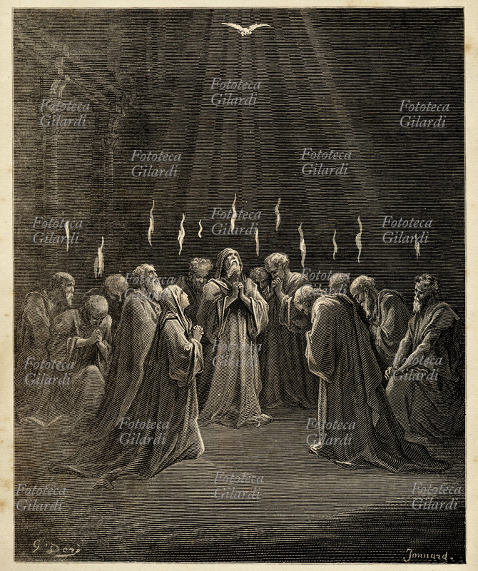 VANGELO La discesa dello Spirito Santo, la Penetcoste, Vangelo - Atti degli Apostoli, 2:4. incisione di Gustave Doré da edizione della Bibbia da lui illustrata XIX secolo