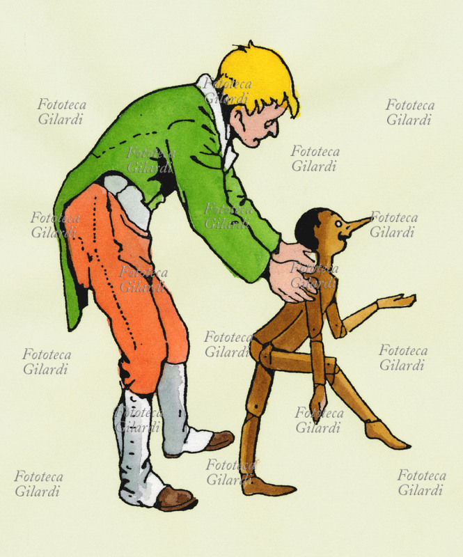 PINOCCHIO (1883) Geppetto insegna a camminare, a muovere i suoi primi passi alla marionetta che ha appena scolpito e si è inaspettatamente animata. Disegno di Attilio Mussino (25 gennaio 1878 – 16 luglio 1954) per la più famosa edizione illustrata della favola di Carlo Collodi (Carlo Lorenzini, 24 novembre 1826 – 26 ottobre 1890) \