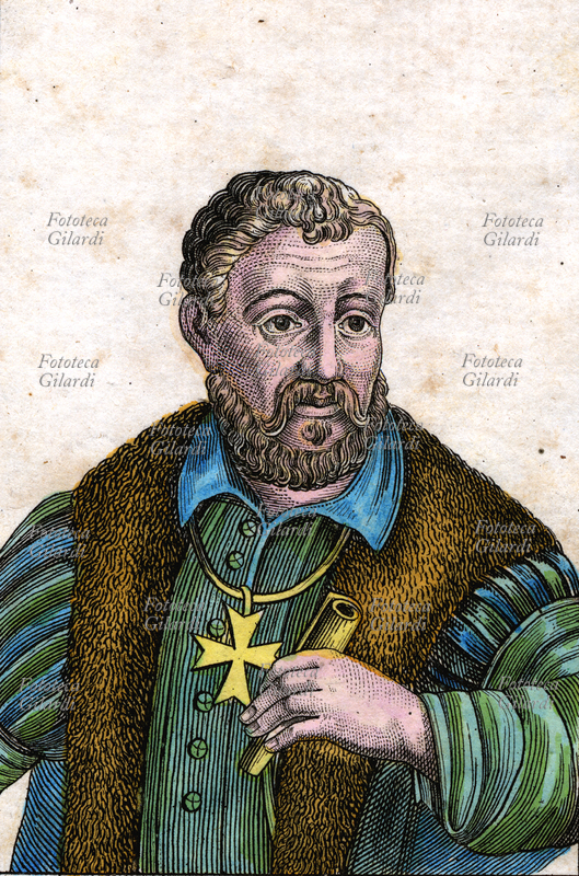 COSIMO I° de Medici (1519-1574) Duca di Firenze (1537-69) e poi Granduca di Toscana (1569-74) ritratto in una incisione acquarellata del XIX secolo.