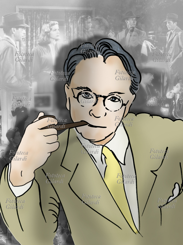 Raymond Thornton CHANDLER (23 luglio 1888 - 26 marzo 1959), scrittore e sceneggiatore statunitense, uno dei più rappresentativi autori di narrativa hardboiled, il genere poliziesco dai toni crudi. Sullo sfondo del ritratto appaiono alcune scene della più famosa trasposizione cinematografica tratta dal suo romanzo "The Big Sleep" (Il Grande Sonno), il primo che vede protagonista il detective Philip Marlowe, interpretato magistralmente da Humphrey Bogart nel 1946. Illustrazione di Elena Piccini, Italia 2018