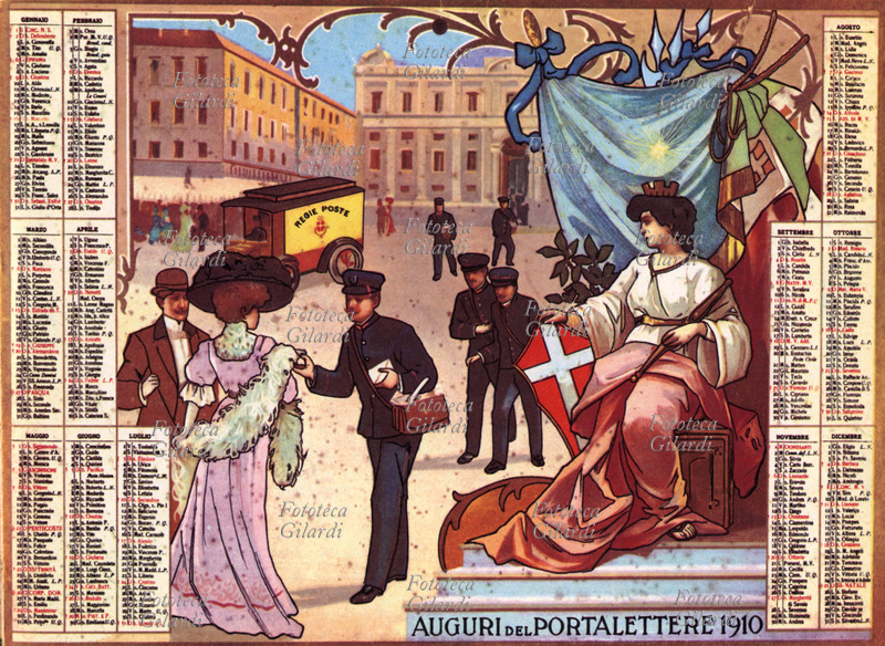 CALENDARIO Auguri del portalettere. Calendario murale distribuito dai portalettere. Sul retro vi sono alcune norme del Regolamento Postale riguardante le tariffe. Cromolitografia, Giacomo Arneodo editore in Torino, 1910
