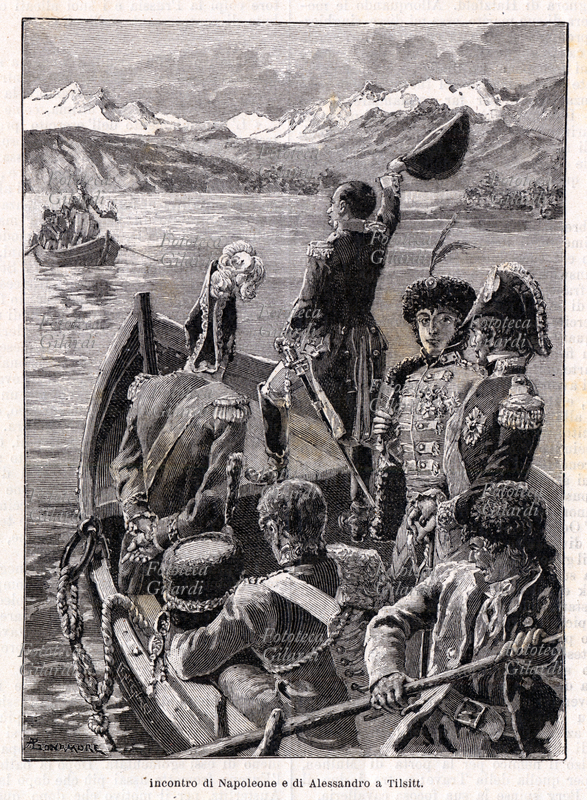 Napoleone BONAPARTE (15 agosto 1769 – 5 maggio 1821) in Russia, incontra lo zar Alessandro I a Tilsit, su un pontone galleggiante allestito sul fiume Niemen, che all\