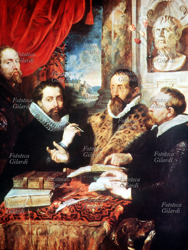 GIUSTO LIPSIO (18 ottobre 1547 – 23 marzo 1606), filosofo, umanista e filologo fiammingo. Ritratto postumo fra i suoi amici e allievi: all\