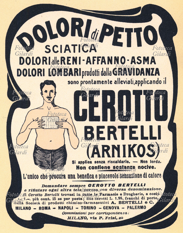 CEROTTO Pubblicità del cerotto Bertelli, medicazione contro i dolori di petto, sciatica, affanno, asma, dolori lombari ecc.... annuncio pubblicitario per la stampa dei primi anni del XX secolo