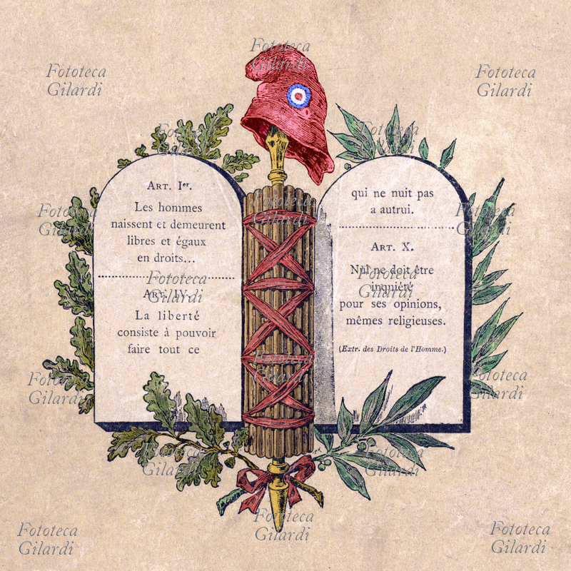 RIVOLUZIONE FRANCESE allegoria con le insegne della Rivoluzione: le tavole con estratti della dichiarazione dei diritti dell\