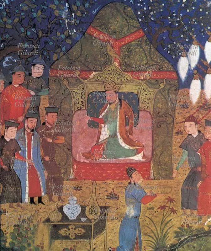 Genghis KHAN (1155 (?) / 1162 (?) / 1167 (?) - 1227) on the throne surrounded by councilors; original name Temüjin (Temuchin, i.e. the blacksmith) was the ruler (khan) who, after having unified the Mongolian tribes by founding the Mongol Empire, led them to conquer most of Central Asia, China, Russia, Persia, the Middle East and of part of Eastern Europe, giving life, albeit for a short time, to the largest empire in human history. His grandson Kublai Khan was the first emperor of the Chinese Yuan dynasty. Persian miniature print, 13th century