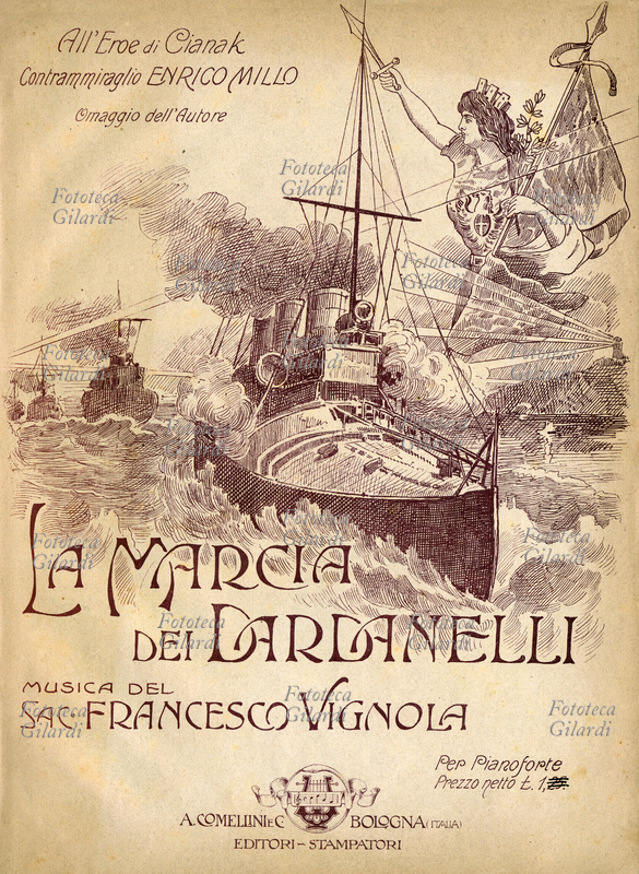 COLONIALISMO copertina dello spartito de "La marcia dei Dardanelli", musica del Sacerdote Francesco Vignola, con dedica all\