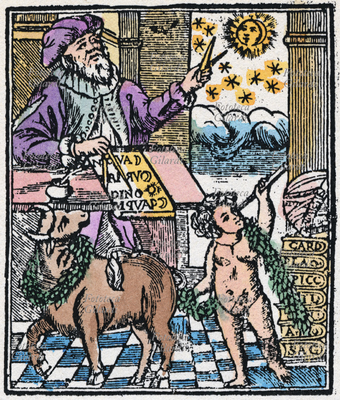 ASTROLOGIA Astrologo che osserva il cielo e compila un calendario. Davanti a lui un toro ed un amorino che guarda nel telescopio. Xilografia dal frontespizio di un almanacco popolare datato tra il 1768 ed il 1784.