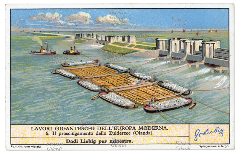 BONIFICA Il prosciugamento dello Zuiderzee (Olanda) per bonificare la terra invasa dal mare. Figurina Liebig della serie \