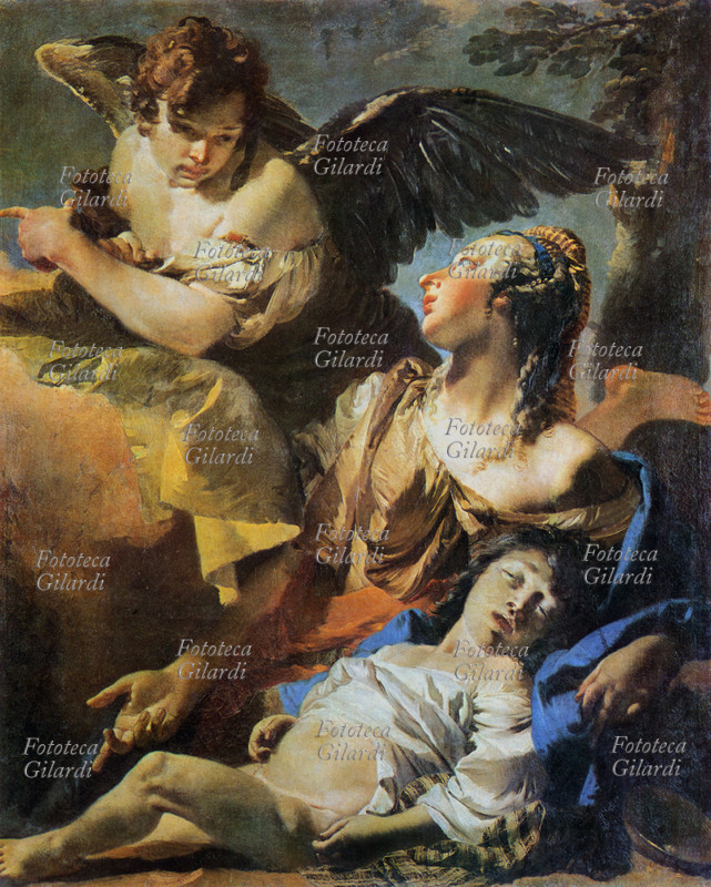 Giambattista TIEPOLO (1696-1770) Agar e Ismaele. Agar, schiava di Sara moglie di Abramo, per la legge ebraica è data dalla moglie sterile al marito per la progenie: così nasce Ismaele. Madre e figlio, scacciati alla nascita di Isacco, incontrano l\