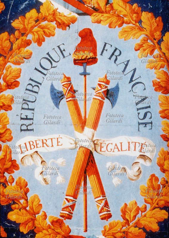 RIVOLUZIONE FRANCESE stampa popolare di propaganda, che rappresenta la repubblica francese, con motivi allegorici e il motto \