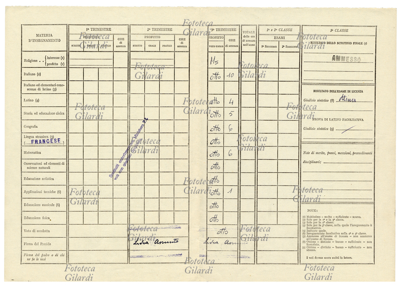 PAGELLA scolastica della III classe di una Scuola Media Statale per l\