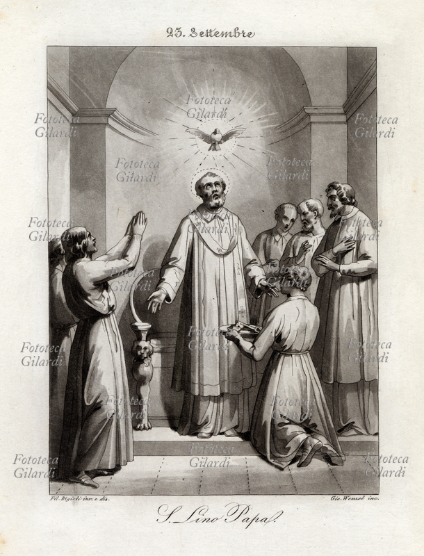 SAN LINO Papa martire nato a Volterra, eletto nel 67, morto nel 78,. Diretto successore di San Pietro, illuminato dallo Spirito Santo riceve la chiave papale che simboleggia la custodia del Regno. Festa 23 settembre Litografia di Filippo Bigioli (1798 -1878) , incisione Giovanni Wenzel. Roma 1843