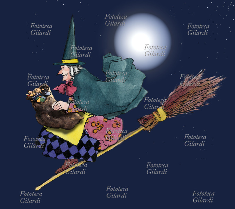 BEFANA in volo sulla scopa, con il sacco dei regali in grembo. Elaborazione da disegno a colori per bambini dei primi anni del XX secolo. Computergrafica, 2006