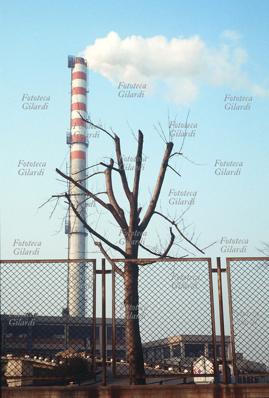 POLLUTION Chimney of the second waste incineration furnace in Milan. The furnace is in operation and a plume of dense smoke comes out of the chimney. A skeletal tree and the semi-rusted railing complete the desolate picture. At the time, waste sorting reached insignificant percentages, and most ended up in landfill; later, the increase in sorting and the opening of new waste-to-energy plants became necessary to comply with the Kyoto Protocol for regulating greenhouse gas emissions. Photograph, Italy 1990.