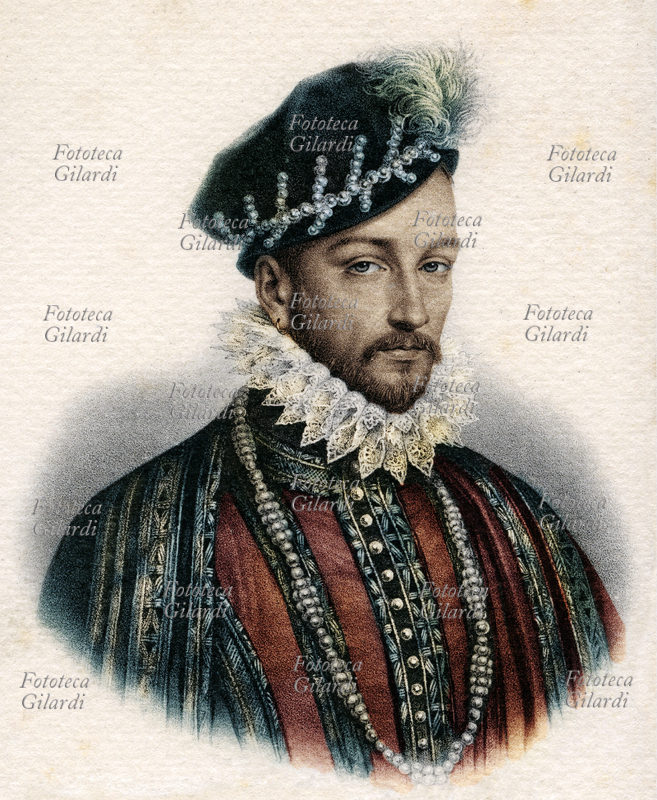 CARLO IX (27 giugno 1550 - 30 maggio 1574) Re di Francia, secondo figlio di Enrico II e Caterina de Medici. A soli dieci anni, alla morte del primogenito Francesco II, ascese al trono sotto la reggenza della madre. Durante il suo regno imperversarono le guerre di religione, nonostante gli sforzi diplomatici di Caterina. Dopo diverse battaglie e trattati di pace di breve durata, le due fazioni cattolica e ugonotta firmarono la pace di Saint-Germain (1570), che prevedeva, fra l\