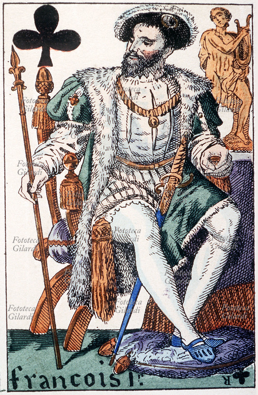 CARTE DA GIOCO François I (12 settembre 1494 – 31 marzo 1547), re di Francia dal 1515. Ritratto come re di picche nel mazzo di carte da gioco disegnato da Armand-Gustave Houbigant (29 gennaio 1790 - 12 gennaio 1863) in occasione del matrimonio di Carlo Ferdinando d\